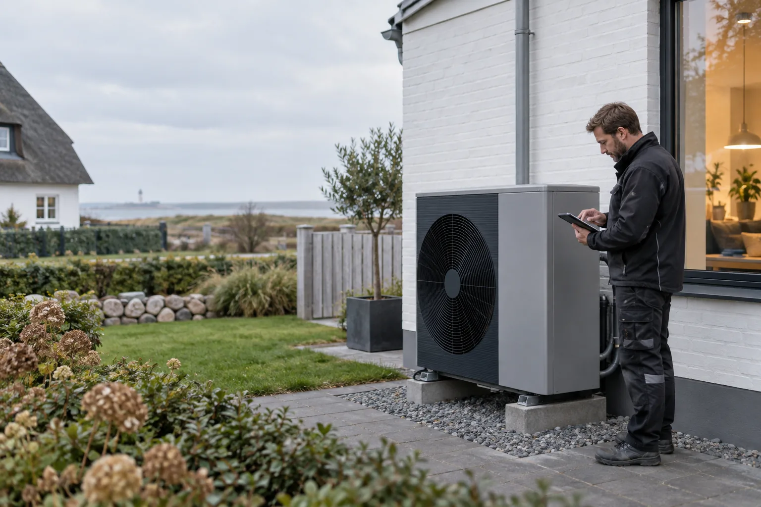 Techniker prüft eine Wärmepumpe an einem Wohnhaus nahe der Küste